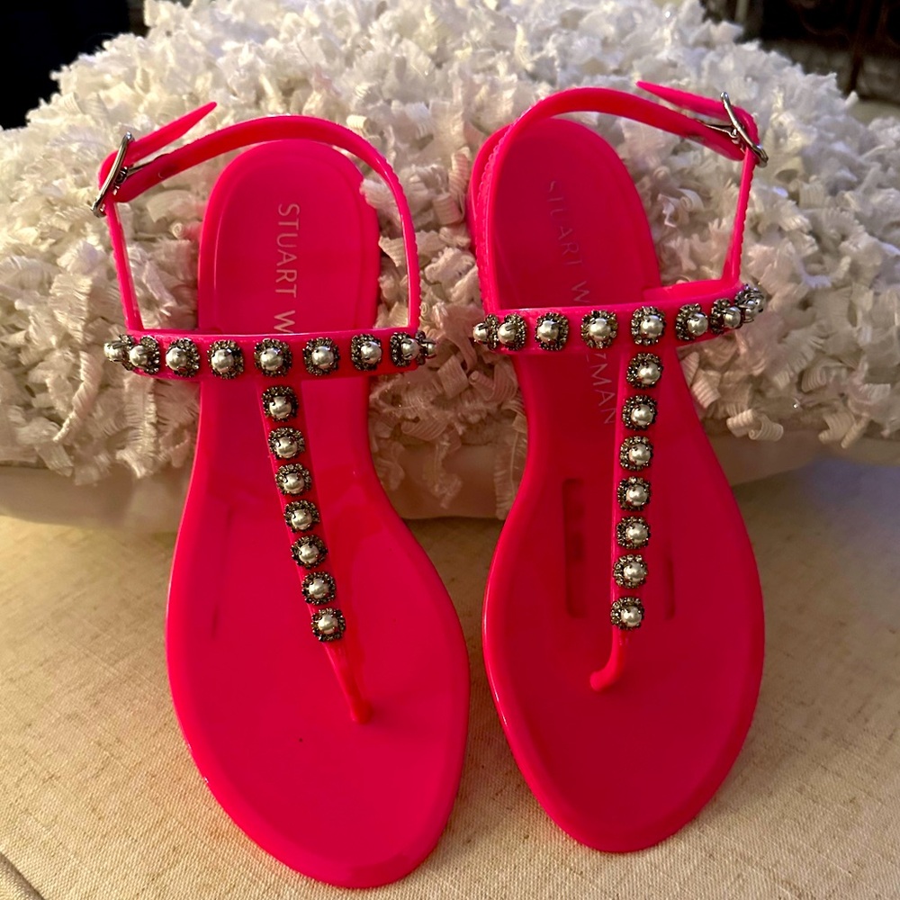 Stuart Weitzman Goldie Pearl Crystal Pink Jelly Sandals, Size 7 NEW